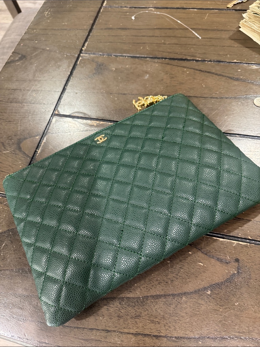 CHANEL Quilted Chain Clutch in Deep Green with Gold Hardware